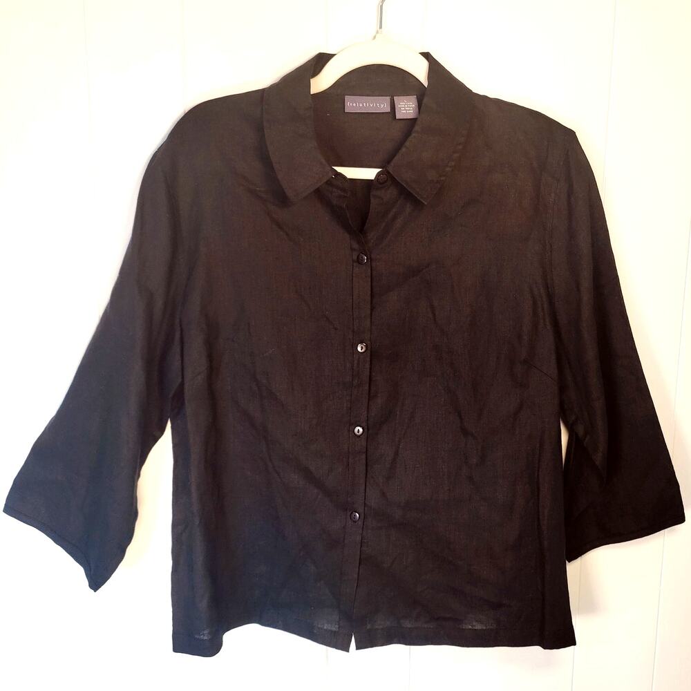 Relativity 100% Linen Semi Sheer Black Blouse Top L Minimal Capsule Wardrobe